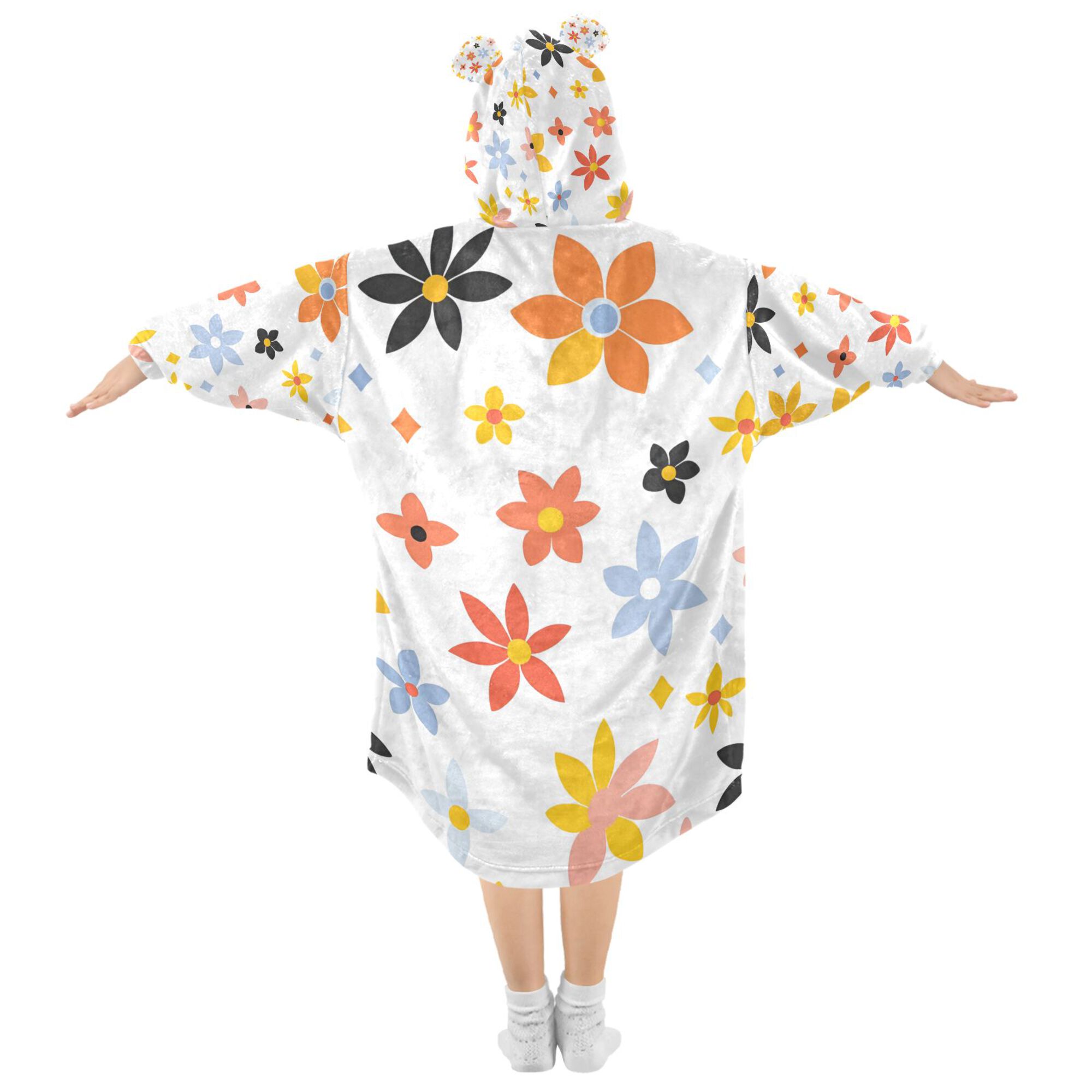 FORMRS Wearable Blanket Hoodie with Sleeves for Kids Cozy Flannel Sweatshirt, Colorful Retro Floral