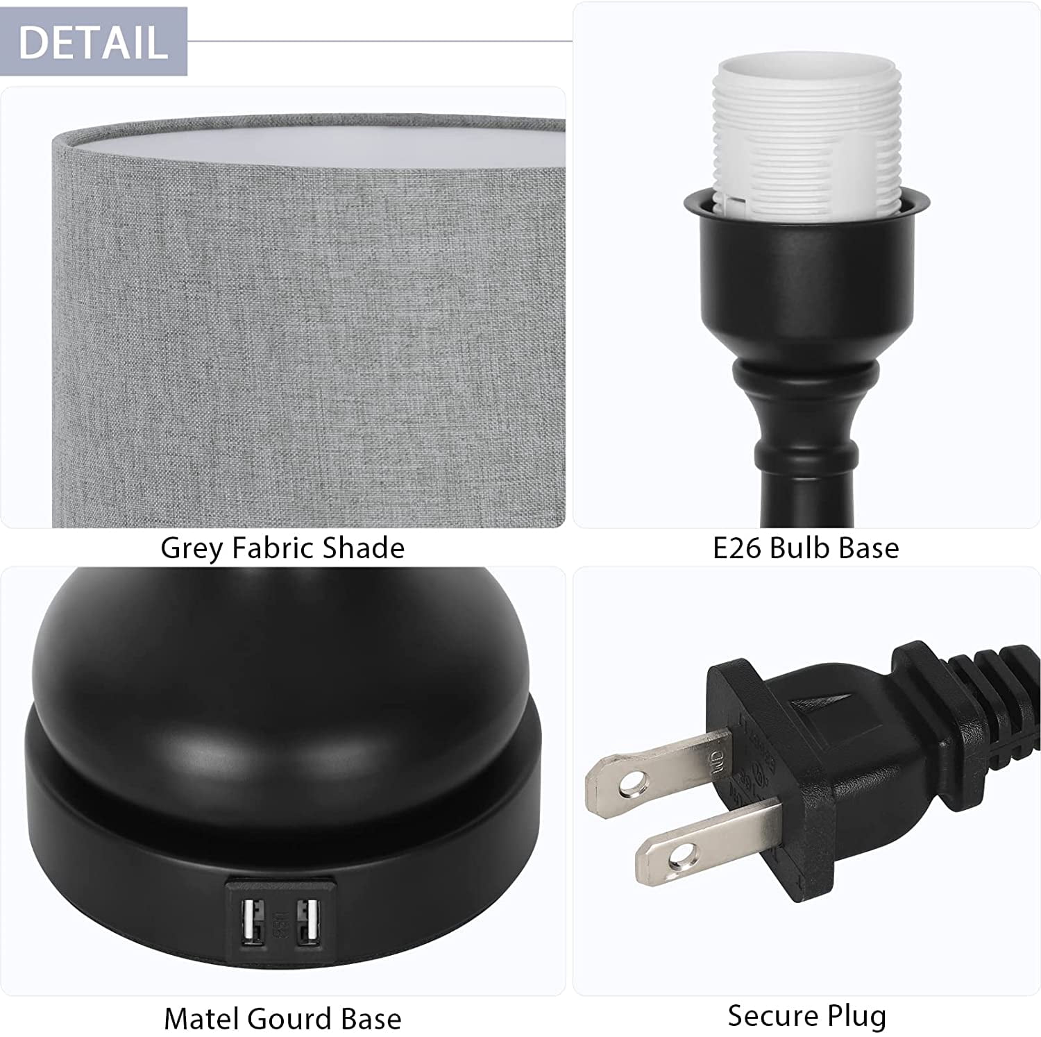 Touch Bedside Lamps with Dual USB Ports, Grey Fabric and Black Vase Base Lamps - Without Bulb
