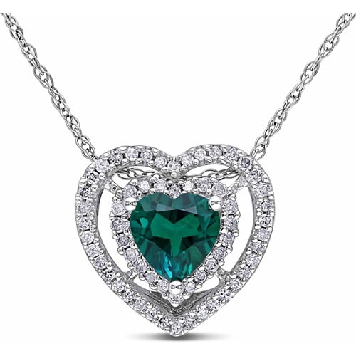 3 4 Carat T.G.W. Created Emerald and 1 5 Carat T.W. Diamond 10kt White Gold Double Halo Heart Pendant, 17" by Generic