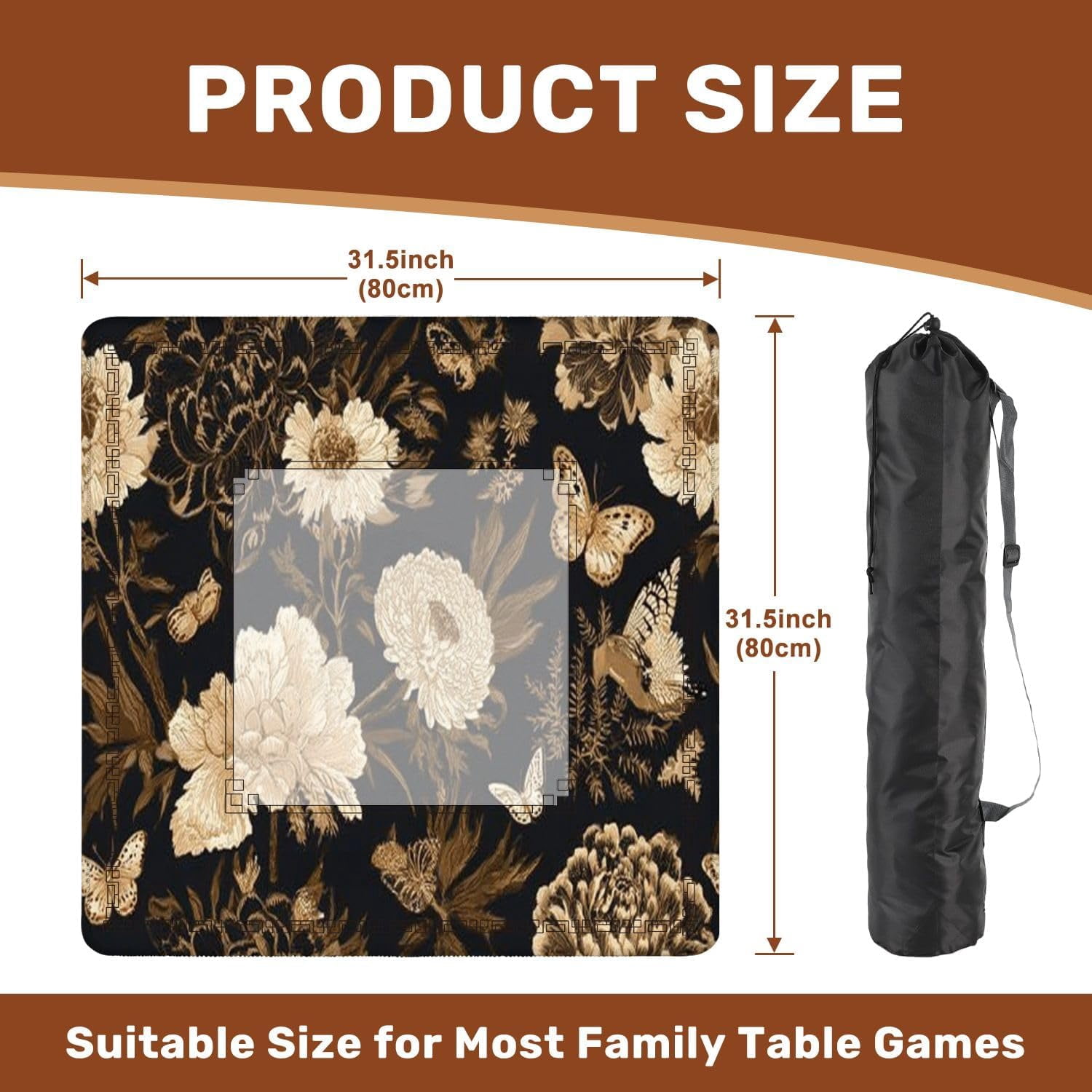 Mahjong Mat 31.5" x 31.5" Luxury Ornate Shimmering Glittering Gold Color Black Seamless Garden Non-Slip Noise Reduction Mahjong Tiles Table Cover for Dominoes Poker Card Board and Tile Games