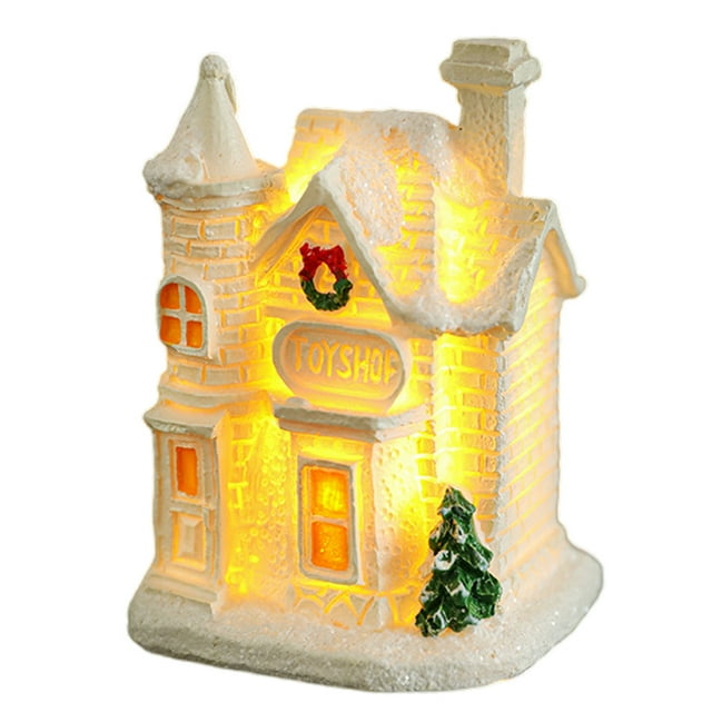 Decoración de casa de pueblo navideña, casa navideña de resina iluminada, escena navideña de resina, casas de pueblo, ciudad con luz LED blanca cálida, edificio coleccionable navideño que funciona