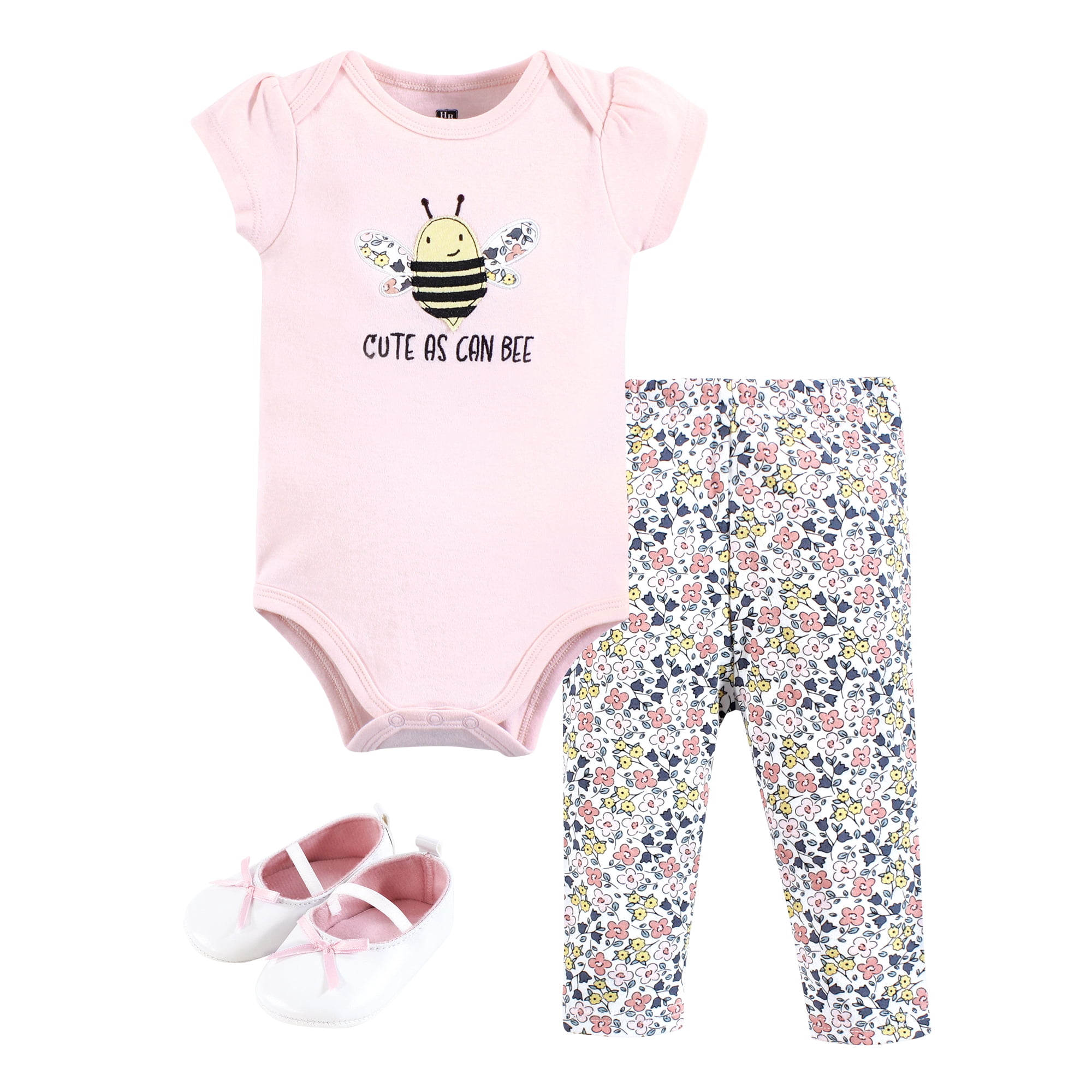 Hudson Baby Infant Girl Cotton Bodysuit, Pant and Shoe Set, Cute Bee, 0-3 Months