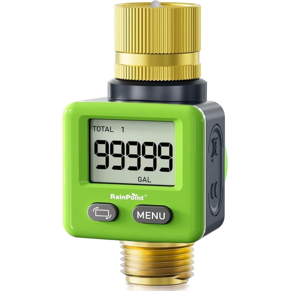 RAINPOINT Water Flow Meter, 180° Reversible Display, ±5% High Accuracy, Pure Brass Inlet & Outlet, 4 Measurement Modes, Suitable for Garden Hoses / Lawn Irrigation / RV Water Tank Filling