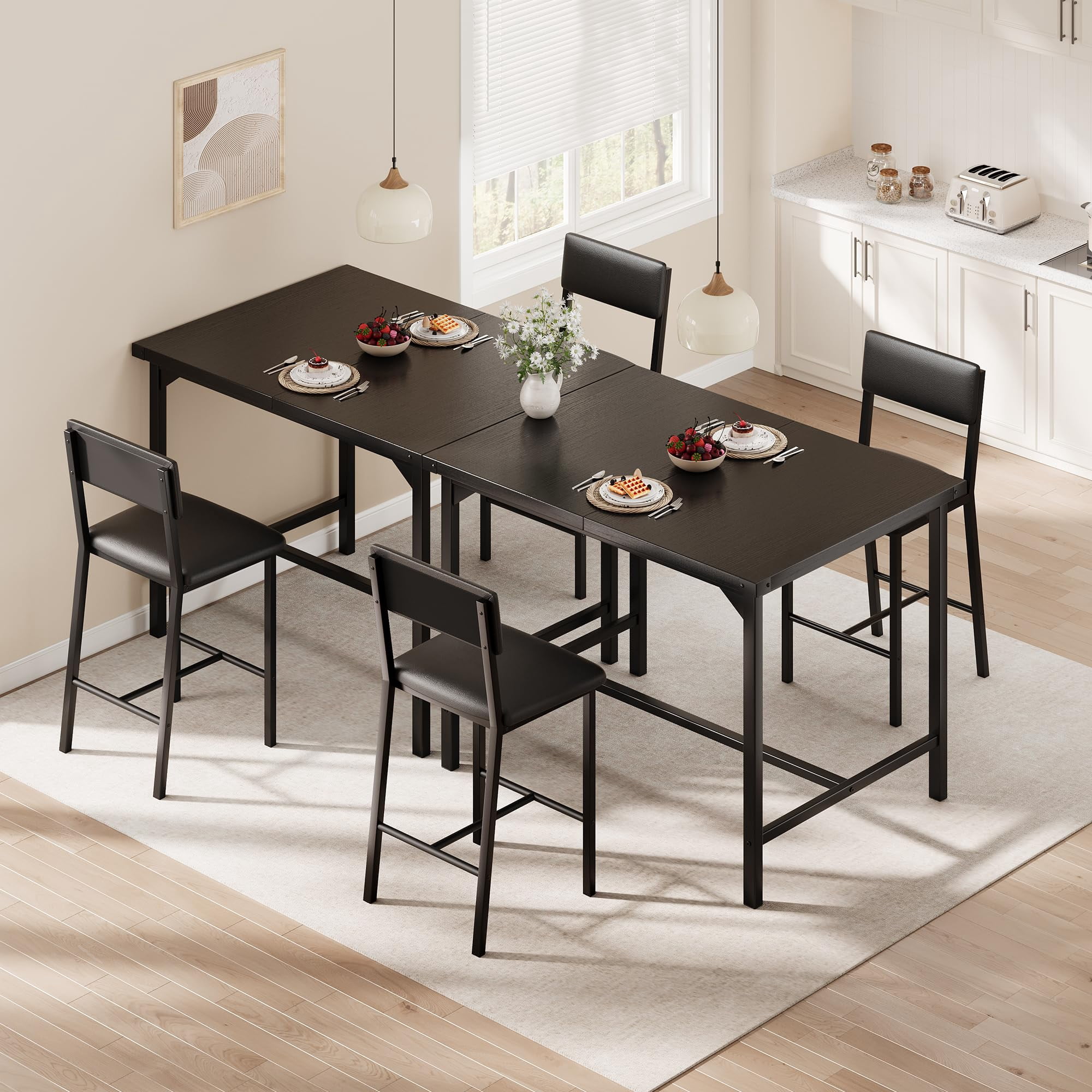 Huisuilinss Dining Table Set For 2,3-Piece Kitchen Table Set,Counter Height Kitchen Table With 2 Upholstered Chairs,Wood Dining Table Set With Footrest & Corner Protector For Apartment Pub