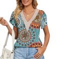 thumbnail image 1 of Whataatahia Blusa estampada de encaje de guipur Blusa de guipur de manga corta con pétalos y escote en V para mujer Azul S, 1 of 6
