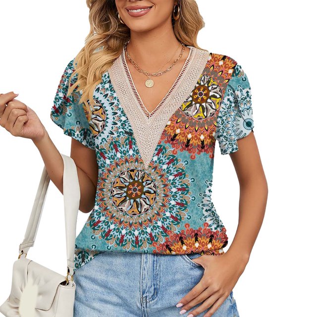 Whataatahia Blusa estampada de encaje de guipur Blusa de guipur de manga corta con pétalos y escote en V para mujer Azul S
