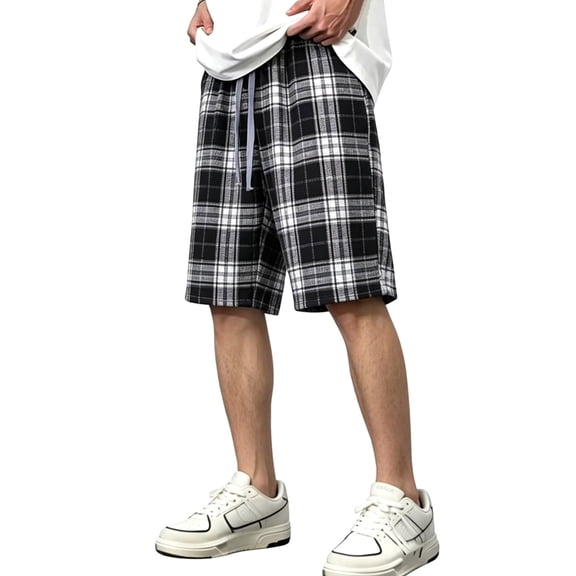 xfsWaSs Men's Casual Shorts Classic Plaid Straight Leg Shorts Drawstring Elastic Waist Summer Shorts With Pockets Soft Breathable Bottoms Sports Short Pants