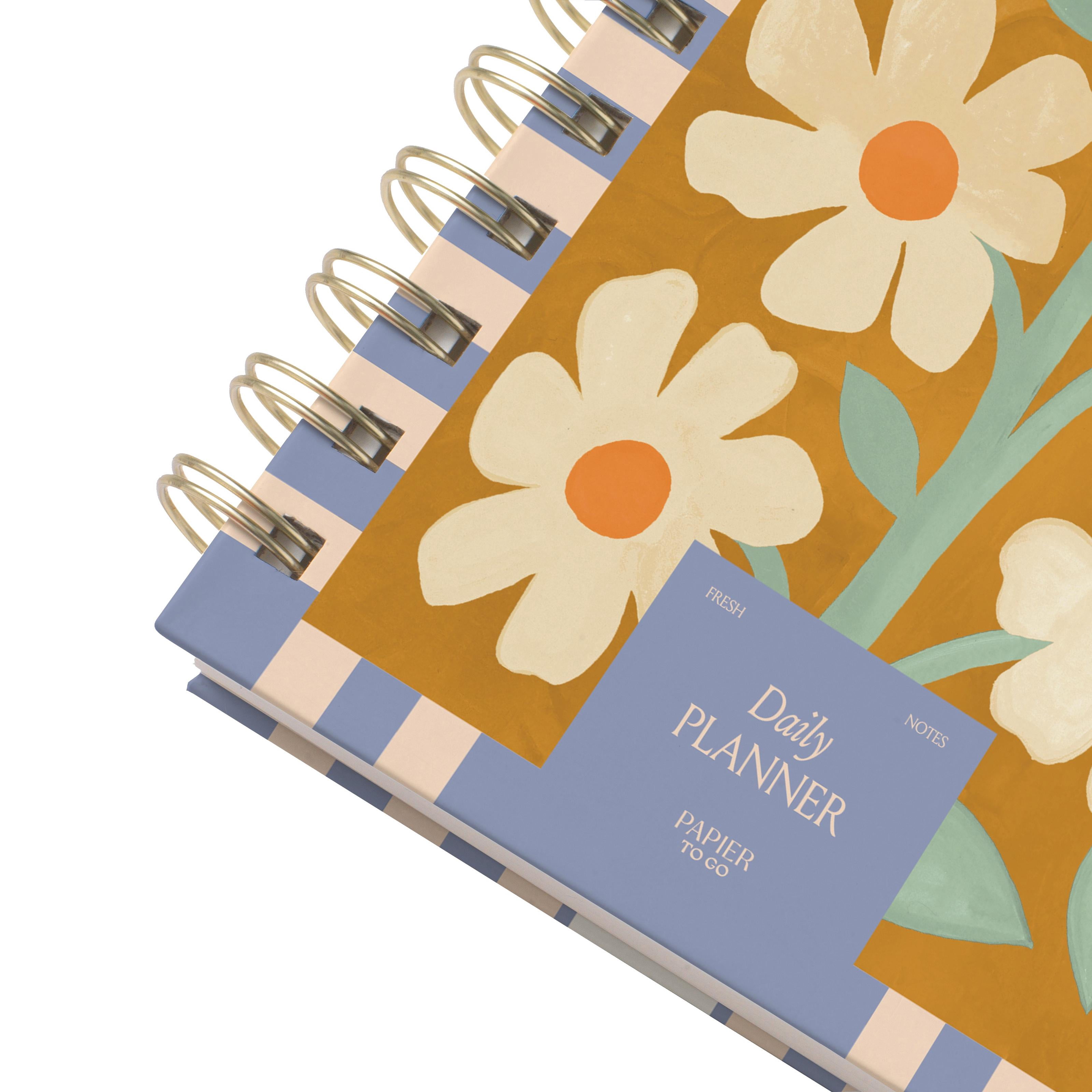 Papier To Go, Undated Daily Productivity Planner, Spiral, Hardcover, B5 Size - 7.1"" x 10"" inches, Painted Floral Print - In Bloom, Mustard