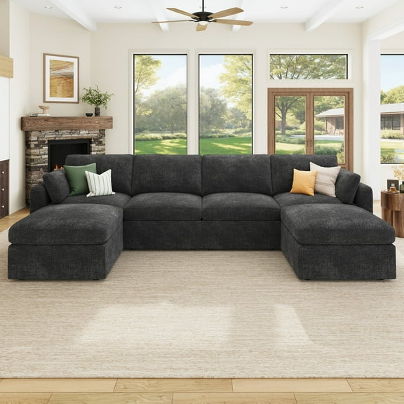HONBAY Modular Sectional Cloud Sofa, U Shaped Chenille Couch with Storage and Ottoman for Living Room, Dark Gray