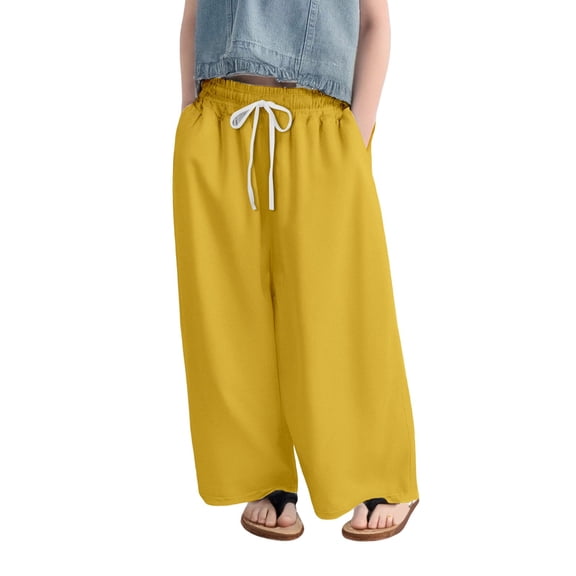 CPNG Girls Baggy Casual Sweatpants Solid Color Sweat Pants Elastic High Waist Comfortable Cool and Breathable Drawstring Joggers(Yellow,10-11 Years)