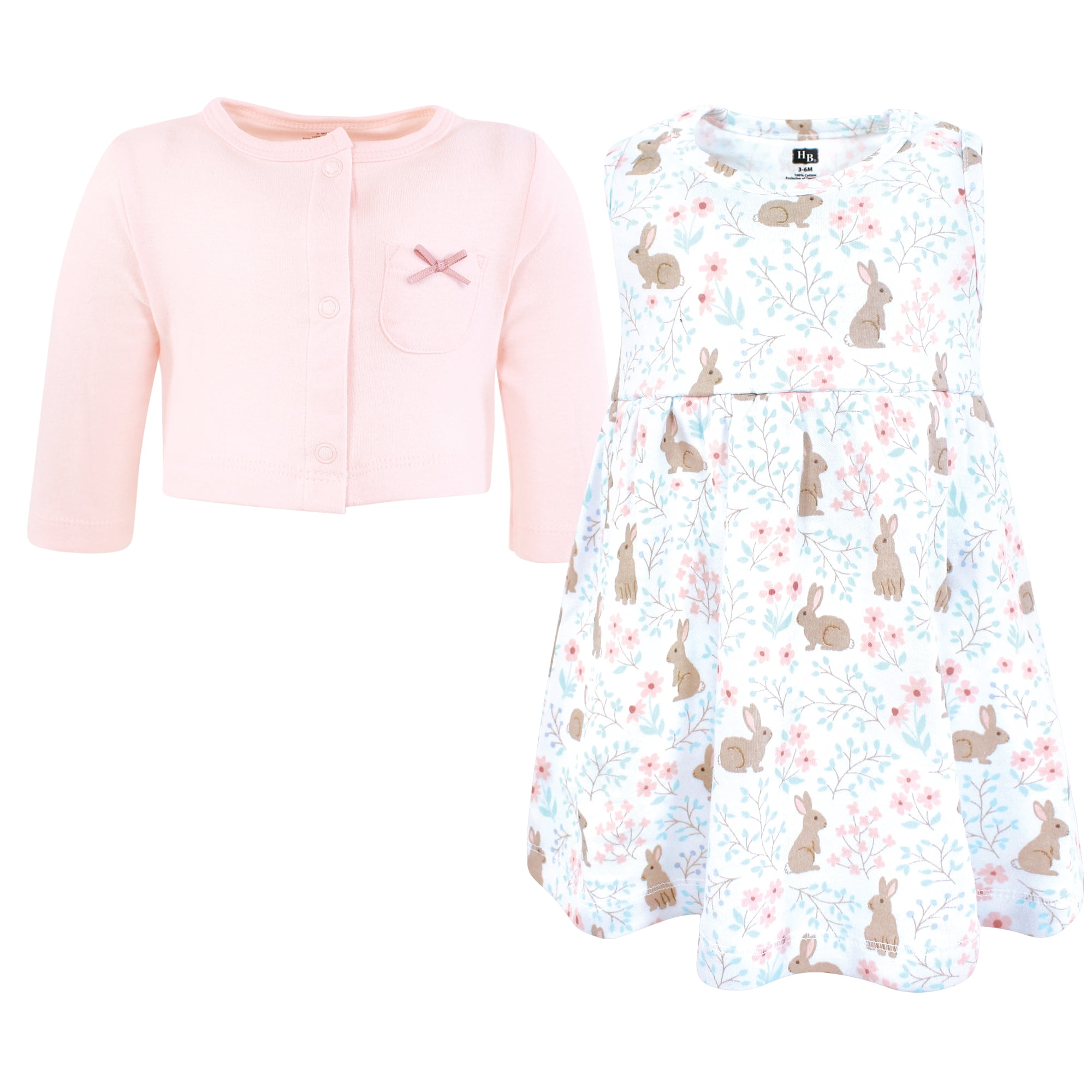 Hudson Baby Infant and Toddler Girls Cotton Dress and Cardigan Set, Floral Bunnies, 0-3 Months