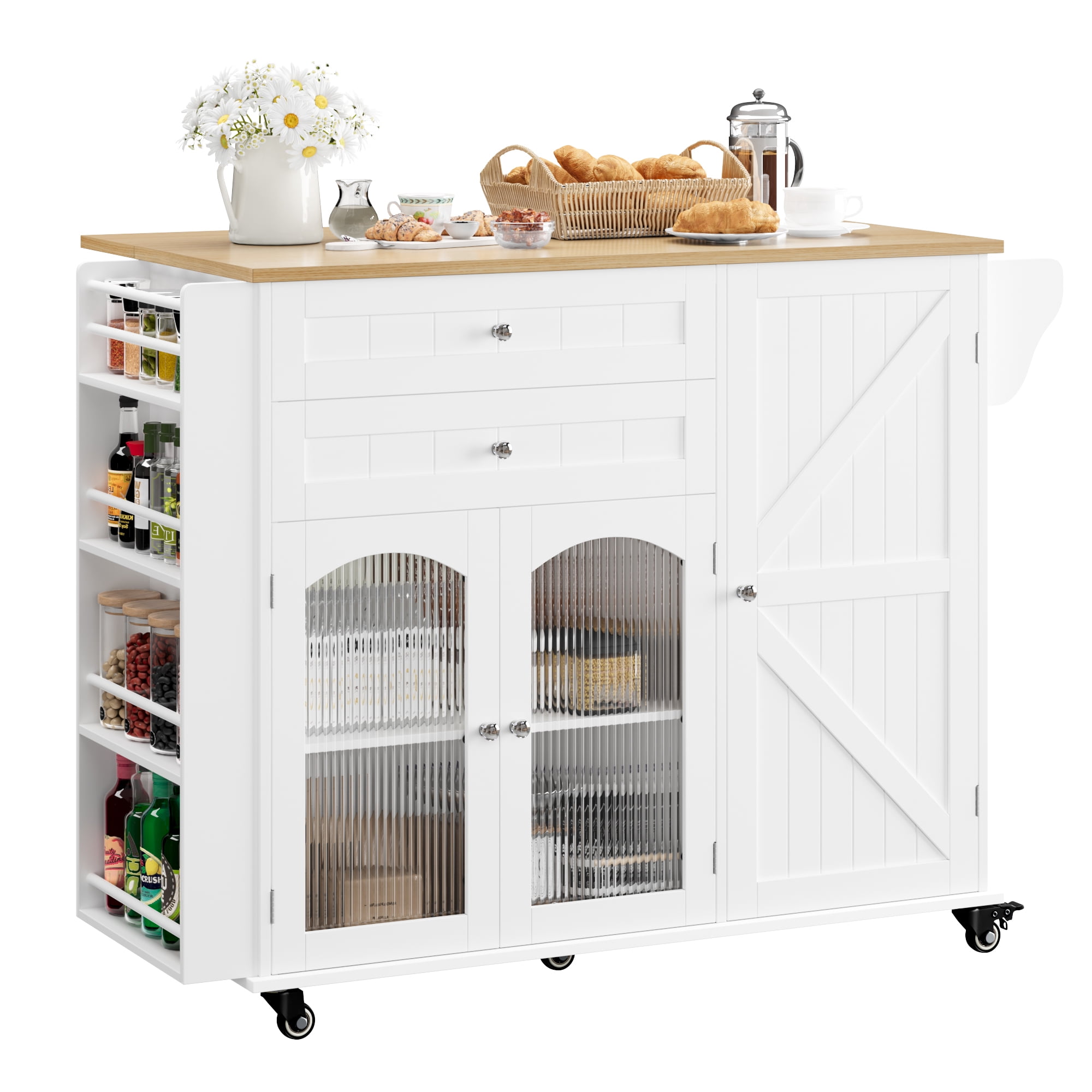 Homfa 43.3" Portable Kitchen Island Cart with Drop Leaf, 3-Doors 2-Drawers Wood Rolling Storage Cart with Spice Rack and Lockable Wheels