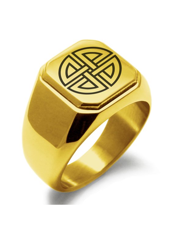 Stainless Steel Shield Knot Viking Norse Rune Engraved Square Flat Top Biker Style Polished Signet Ring