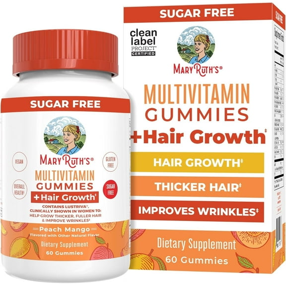 MaryRuth Organics Multivitamin Gummies   Hair Growth Gummies, Peach Mango, 60 ct