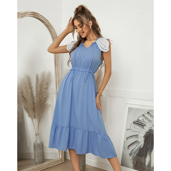 V Neck Tie Neck Lace Sleeve Dress for Women Below Knee Length