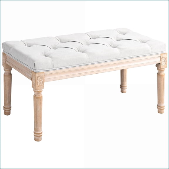 Bed Bench, 32” French Vintage Cream Upholstered for End of Bed, Window | Cream White | Foot Stools