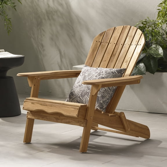 Folding Adirondack Chair, Teak Finish Acacia Wood Outdoor Lounge Chair with Slatted Back and Wide Armrests, Foldable Fire Pit Chair for Patio Garden Backyard Relaxation