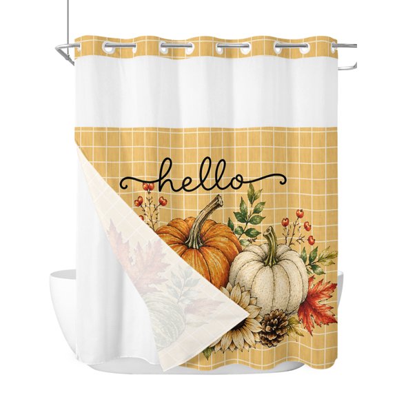 No Hook Shower Curtain, Orange Pumpkins Fall Standard Shower Curtains with Snap in Liner, Thanksgiving Floral Botanical Yellow Plaid Waterproof Washable Fabric Bathroom Curtain Set, 66" x 72"