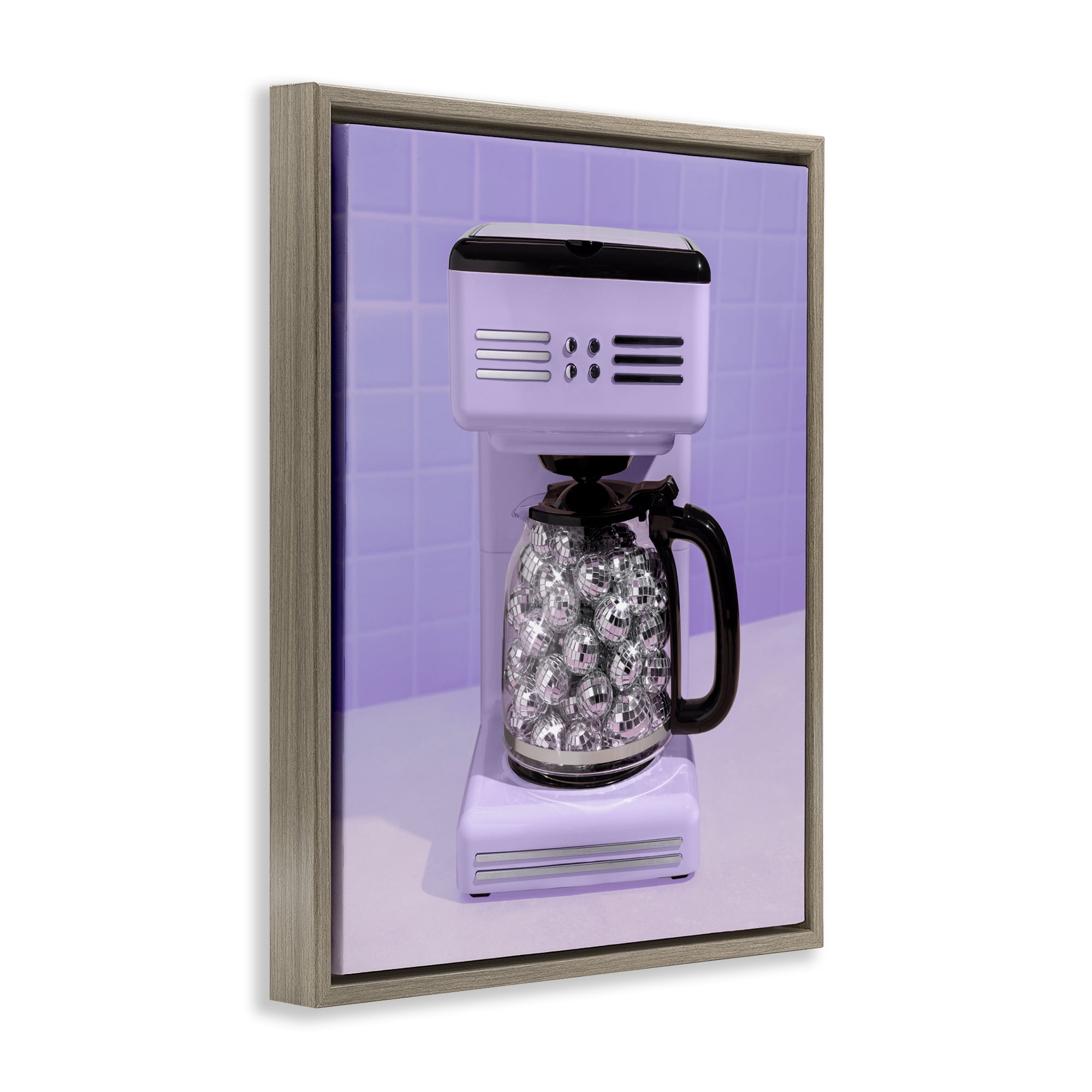 Stupell Industries Disco Coffee Maker over Purple Brown Framed Floater Canvas Wall Art, design by LISH Creative