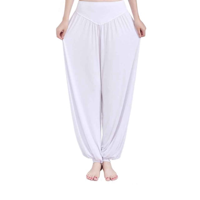 Eigraketly Pantalones de yoga de cintura alta para mujer, bombachos sueltos para danza del vientre, pantalones de Tai Chi sólidos modales Uniforme atlético Blanco L