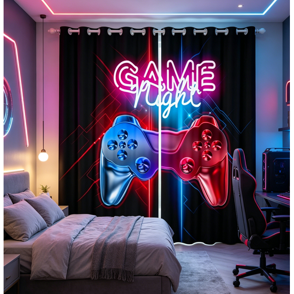 Manfei Teens Gamepad Print Curtains for Living Room, Blue Red Blackout Curtains Set of 2 (38x45), Game Console Curtains and Drapes (38x45), Living Room Curtains Bedroom Decor