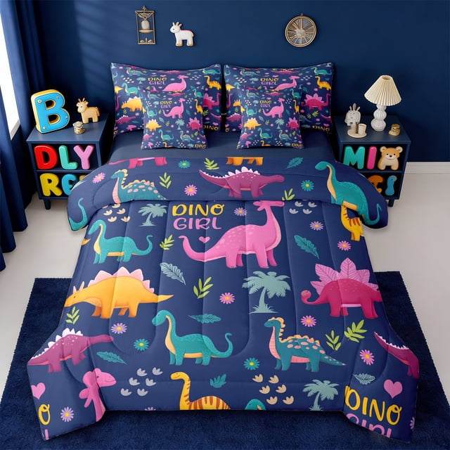 Manfei Ensembles de Literie Simple 7 Pcs Dinosaure Coloré, Ensemble de Douillette Dino Dessin Animé pour Garçons Enfants, Réversible