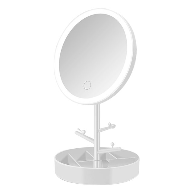 Miroir de Maquillage Forme Ronde avec Lampe Réglage 3 Vitesses Base de Rangement Rechargeable pour Bureau