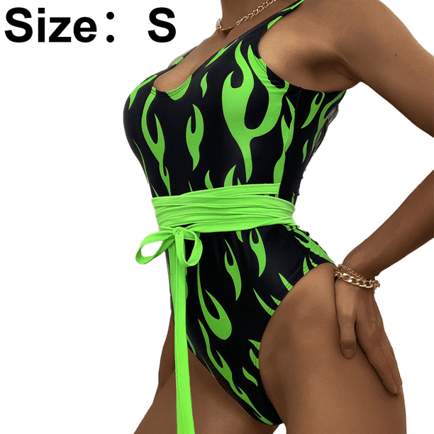 Womens One Piece Flame Print High Cut Bodysuit Swimsuit Bikini Swimwear  Bathing Suit Rave Costume 