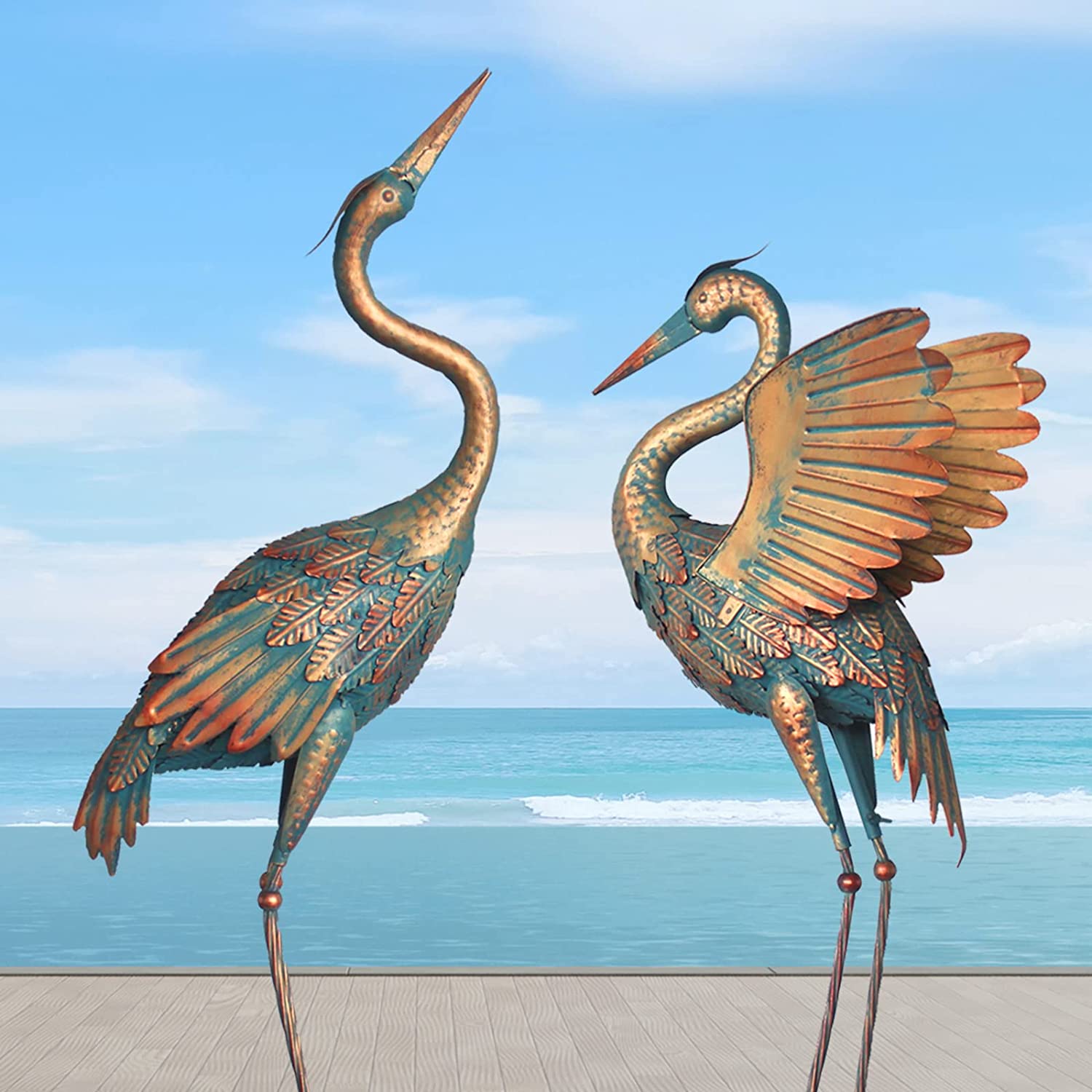 33-37 Inch Metal Crane Garden Statue Décor, Bird Heron Garden Sculpture & Statues, Outdoor Decoration for Yard Pond Lawn Backyard Pool, Vintage Spread Wings Crane, Set of 2 Copper