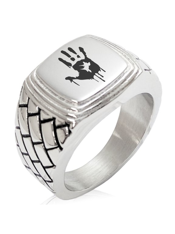 Stainless Steel Biohazard Zombie Hand Mark Geometric Pattern Step-Down Biker Style Polished Ring