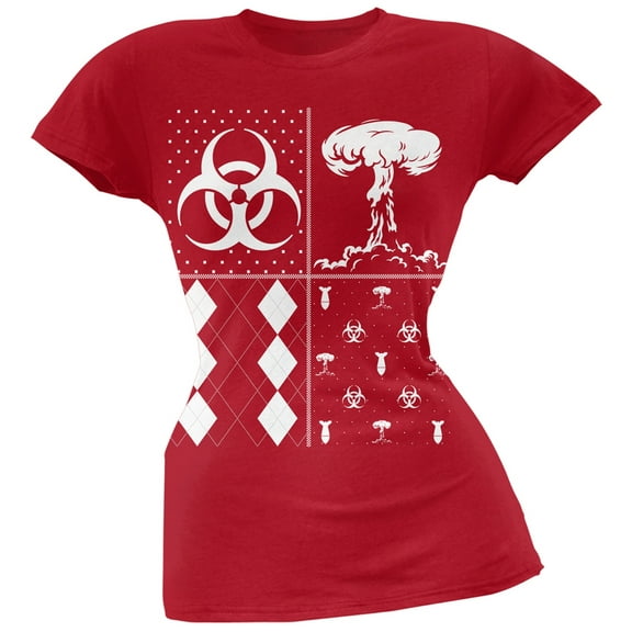 Biohazard Festive Blocks Ugly Christmas Sweater Red Soft Juniors T-Shirt - X-Large