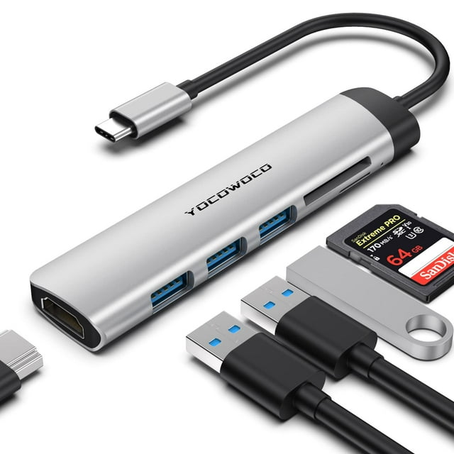Hub USB C YOCOWOCO 6 en 1 con HDMI 4K, 3 USB 3.0, lector de tarjetas SD/TF