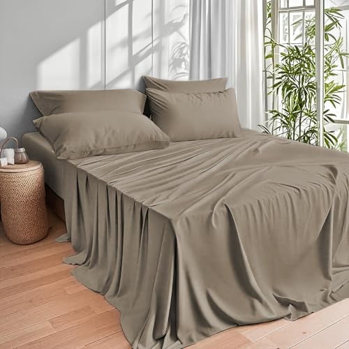 ClevaHome 4-Piece Queen Bamboo Bed Sheet Set, 100% Organic Cooling Fabric, 16" Deep Pocket, Taupe