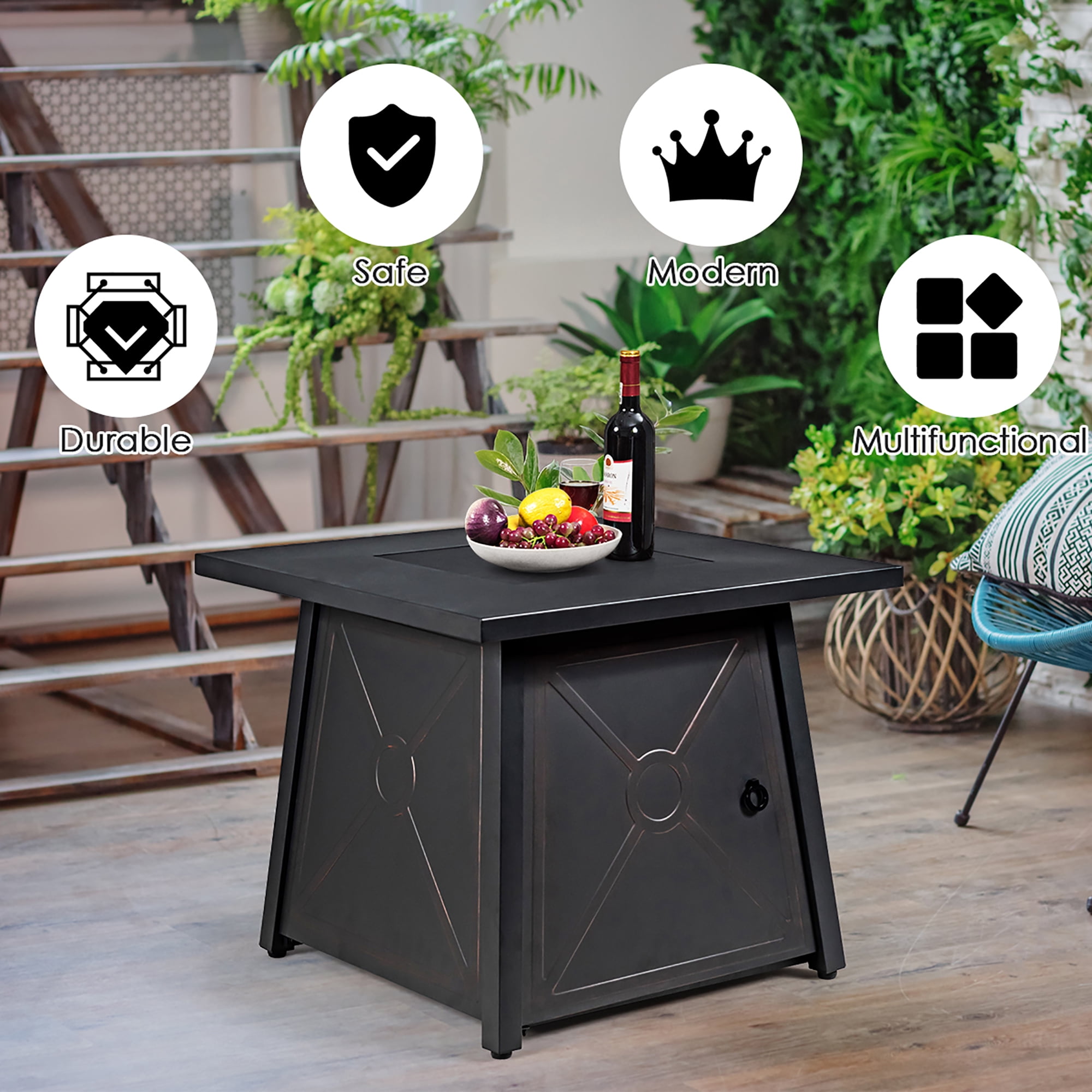 Costway 30'' Square Propane Gas Fire Pit Table 50,000 BTU W/ Waterproof Cover Lava Rock