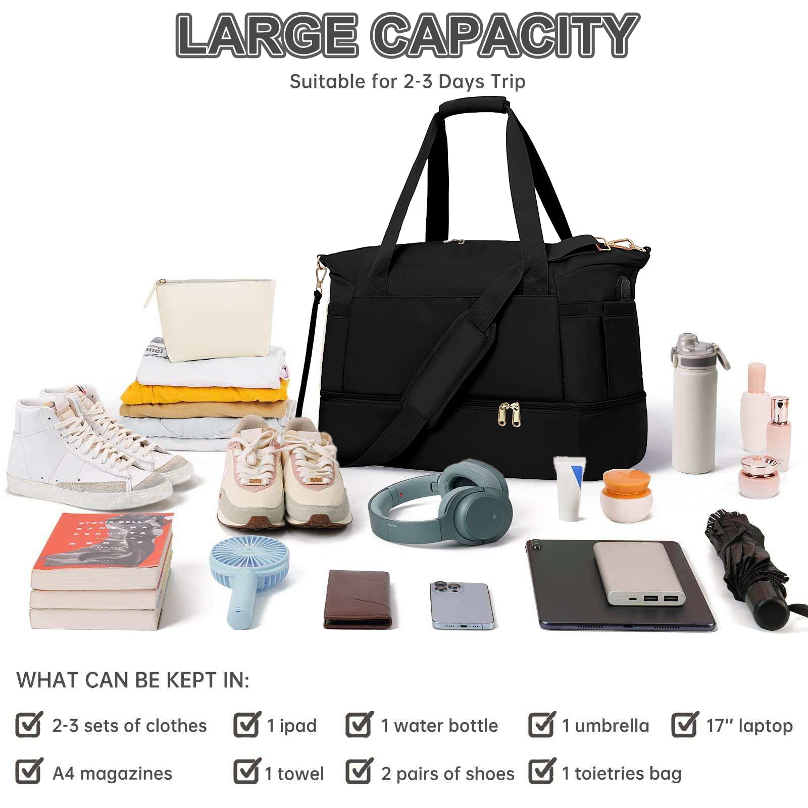 DAKIMOE Travel Duffel Bag for Women Gym Bag with USB Charging Port Large Weekender Overnight Bag Yoga Duffle Bags with Wet Pocket and Shoes Compartment, Black