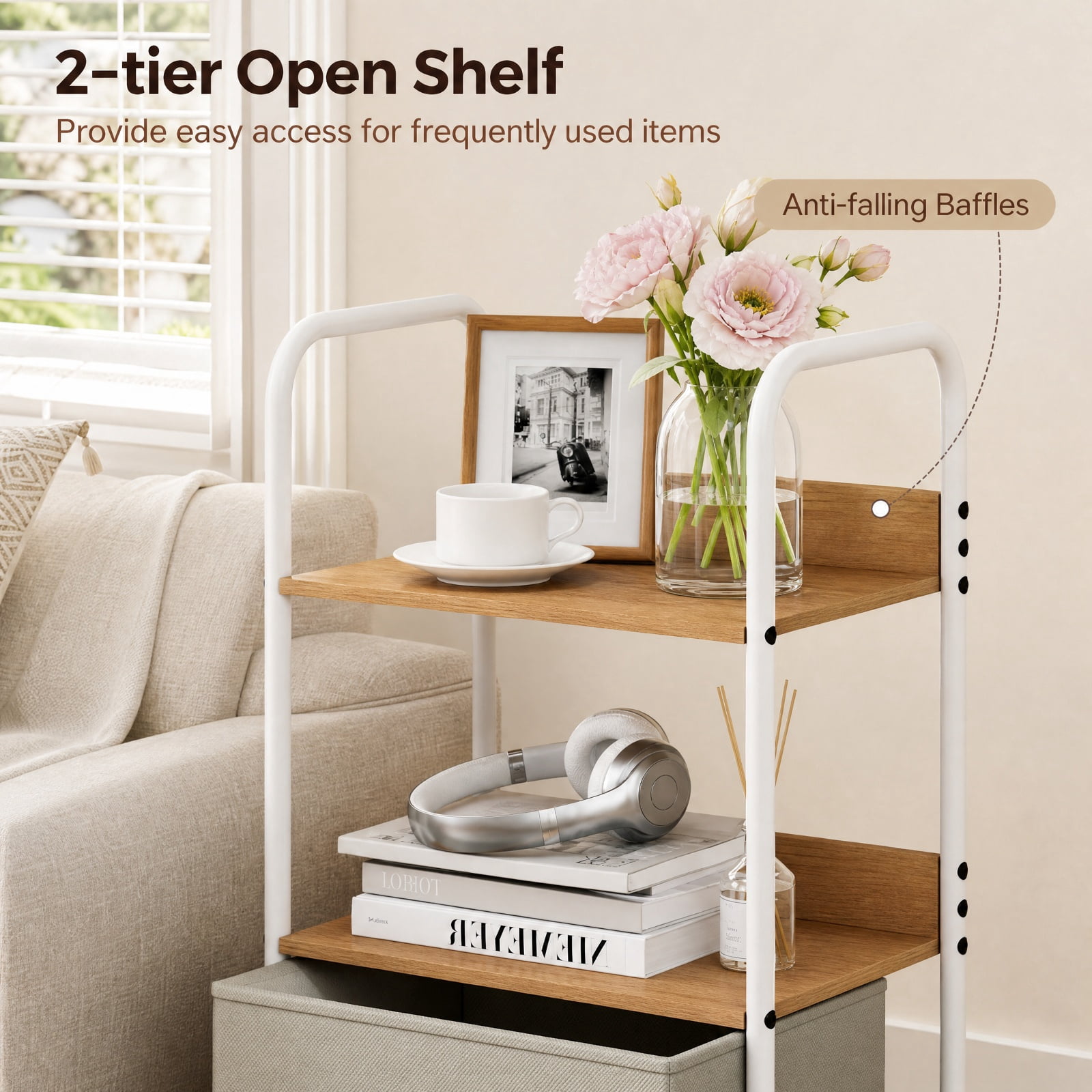Furnibear Rolling Utility Storage Cart with 2 Open Shelves and 2 Fabric Drawers for Home Office Filing Document Letter Legal Storage, Natural