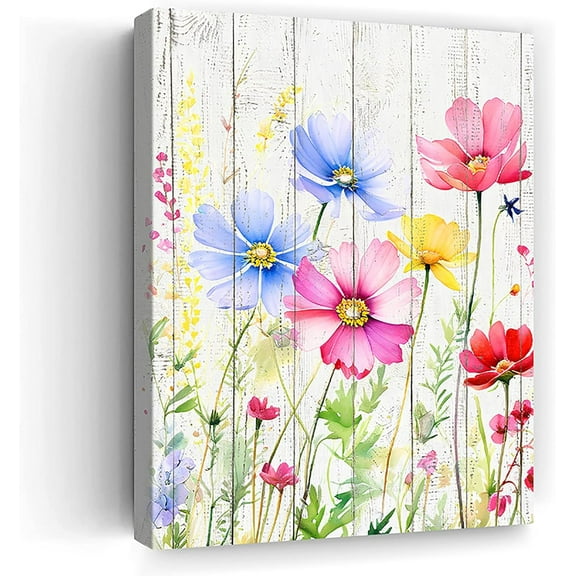 Flowers Canvas Prints Wall Art Decor Watercolor Modern Artwork Yellow Blue Red Wildflower Pictures Panels Wood Grain Framed Floral Paintings For Bathroom Living Room Bedroom Office Kitchen 12x16 Inch