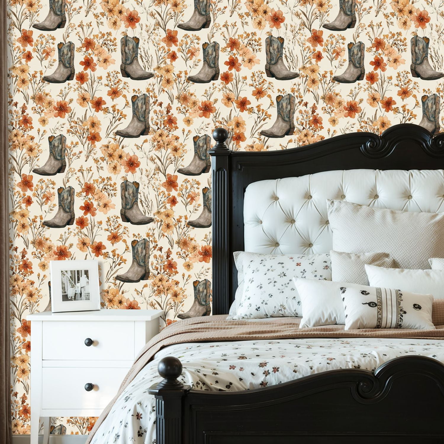Western Peel and Stick Wallpaper Cowboy Boots Floral Bouquet Warm Earth Tones Wall Mural 23.6in x 9.8ft Self Adhesive Removable Wall Paper Renter Friendly Wallpaper for Nursery Bedroom Cabinets