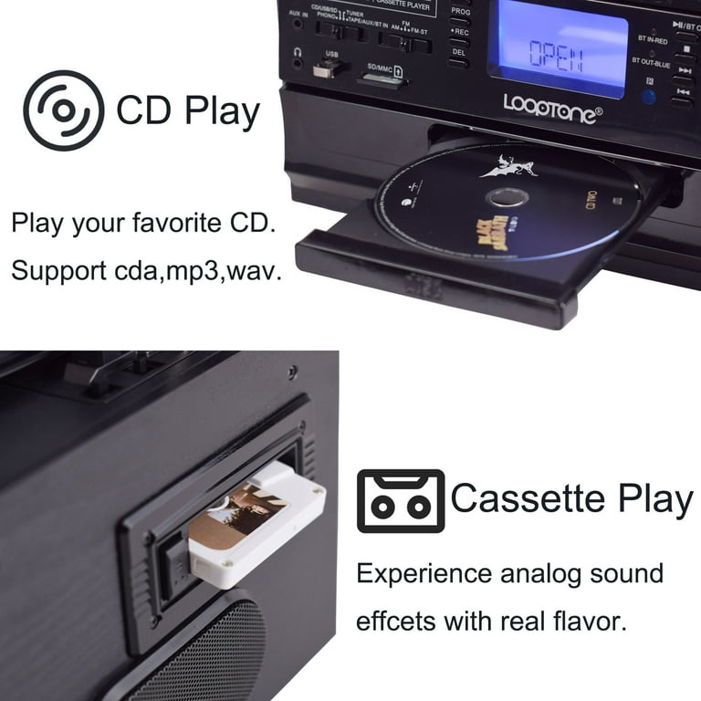 Toca discos Vintage De Vinil de 3 velocidades Looptone TR 18 cd & toca-fitas am/fm radio usb