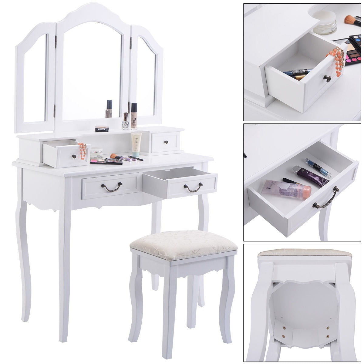 Tri Folding Mirror White Wood Vanity Set Makeup Table Dresser 4 Drawers Stool