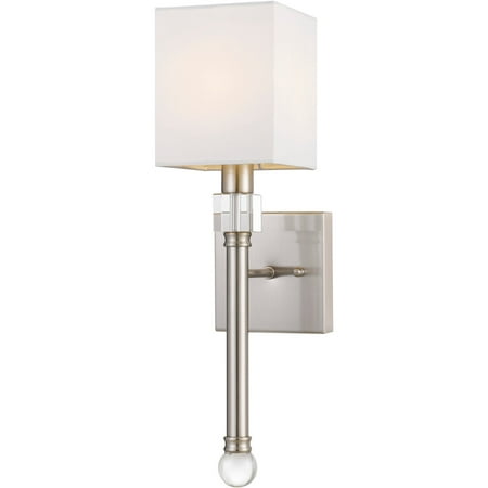 

Hanover Wallis Wall Sconce w/ Crystal Accents | Satin Chrome Finish w/ Square Ivory Shade | Wall Light Fixture for Bedroom Living Room Hallway Entryway | 1 Light | Hardwire