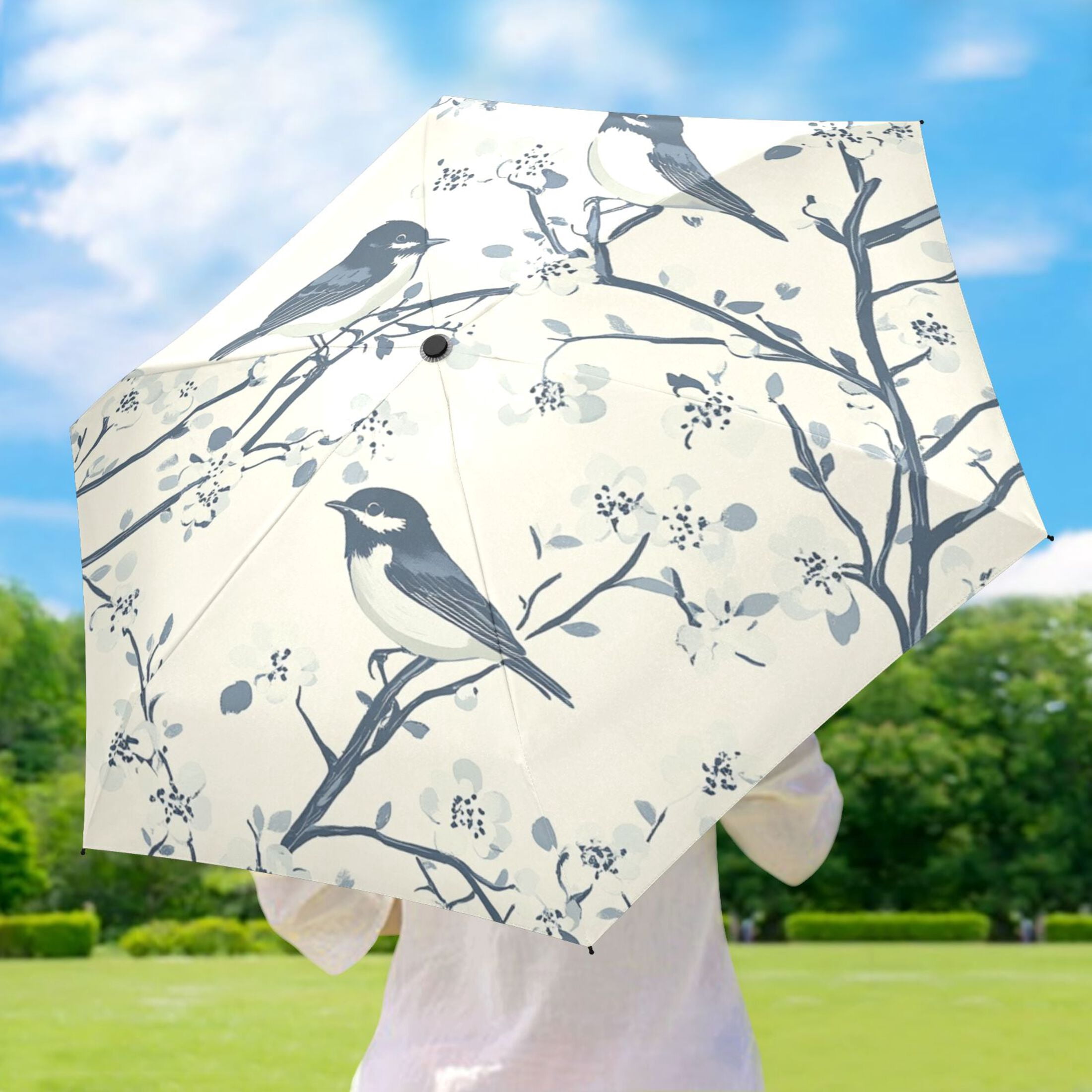 Birds and Flowers Pattern Umbrellas for Sun Auto Open Close UV50+ Waterproof 5-Fold Compact Fiberglass Frame