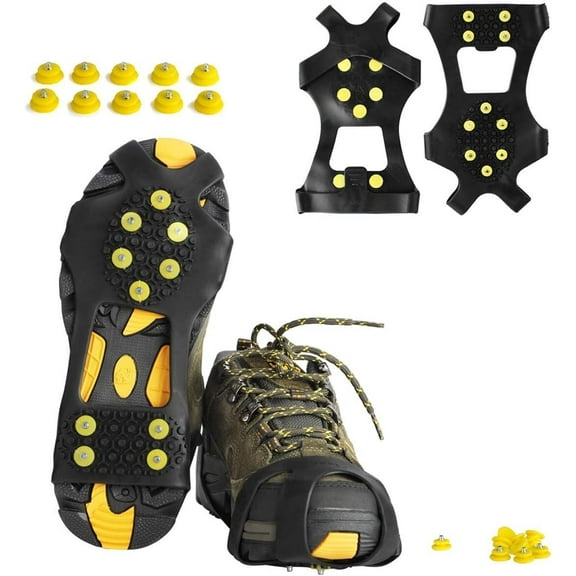 GoXteam Ice Cleats for Shoes and Boots Men Women Winter Walking Ice Snow Cleats Anti Slip Crampons 10 Steel Studs Overshoe Slip-on Stretch Rubber Footwear