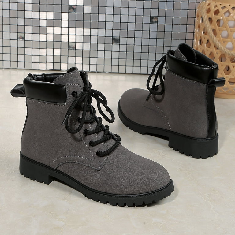 Gray Women Lace Up Ankle Boots Gray Suede Material Chunky  display picture 2