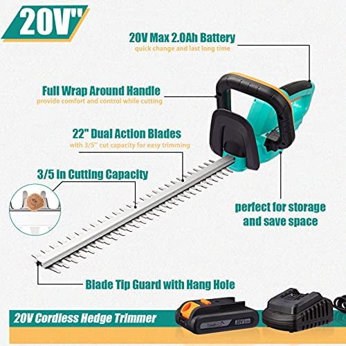  3000mAh Cordless Hedge Trimmer, Electric Bush Trimmer Hedge  Trimmer Cordless with Battery and Charger, 1500 RPM Battery Powered Hedge  Trimmer, 22-Inch Dual-Action Fast Cutting, 3/5 Cut Shrub Trimmer