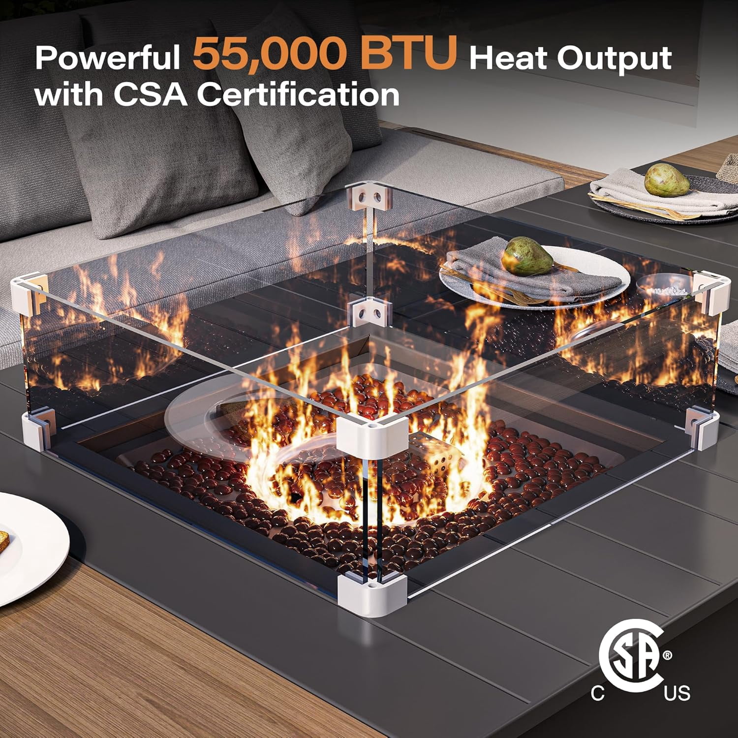 64-Inch Propane Fire Pit Table with Lid, 55,000 Outdoor Gas Fire Pit for Patio, Glass Wind Guard & Gray Glass Beads, Black Finish