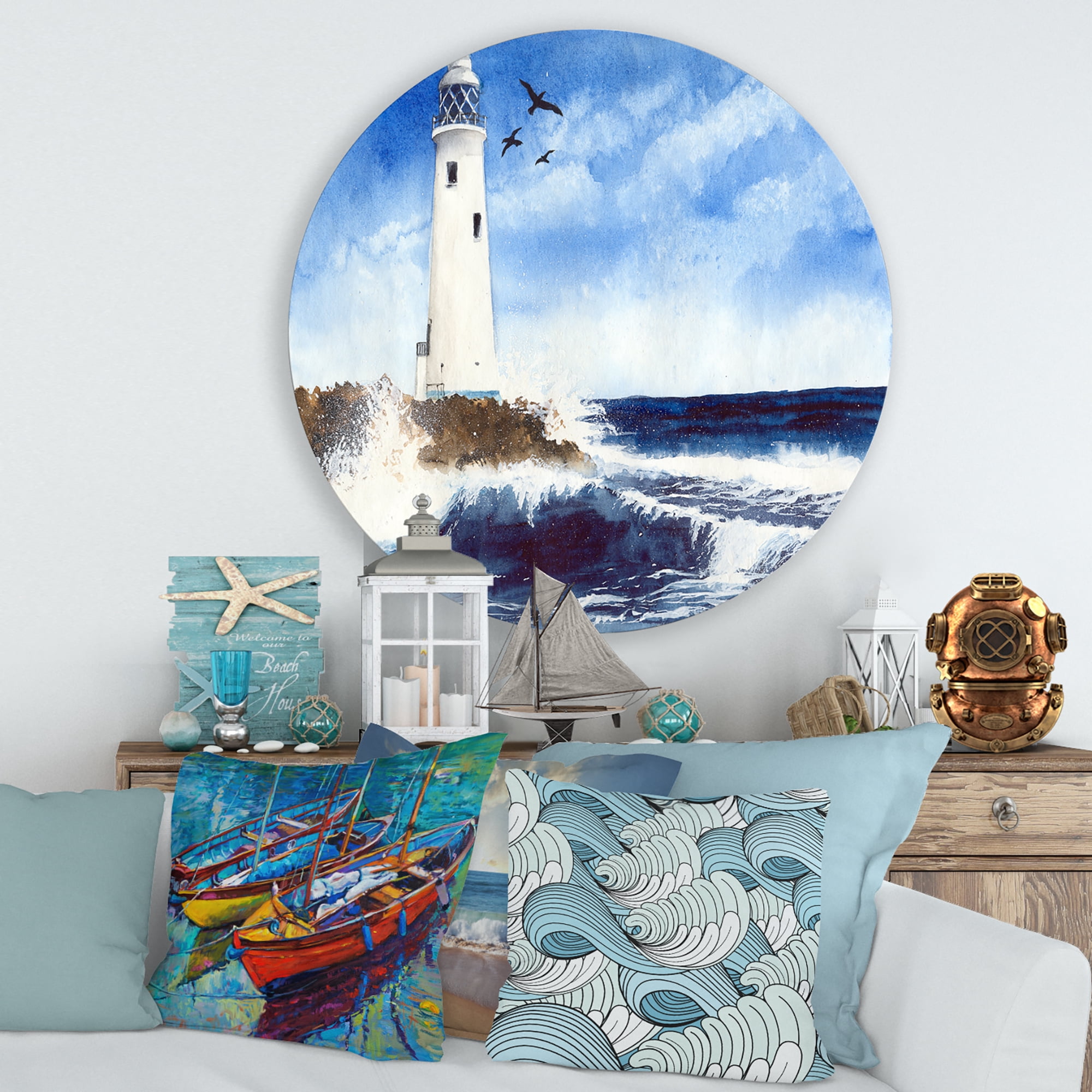 Designart 'Seagulls With Lighthouse On The Rocky Island' Nautical & Coastal Circle Metal Wall Art 29x29 - Disc of 29