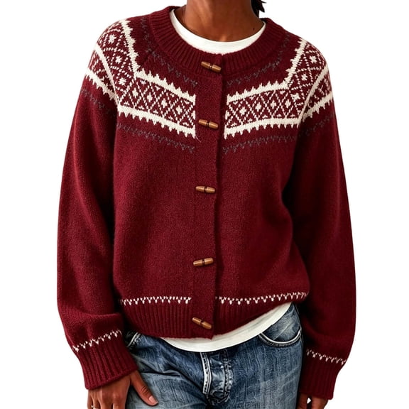 Rrxhxhs Cardigan Sweaters for Women Crew Neck Fair‑Isle Jacquard Toggle Closure Long Sleeve Retro Nordic Knit Cover Up