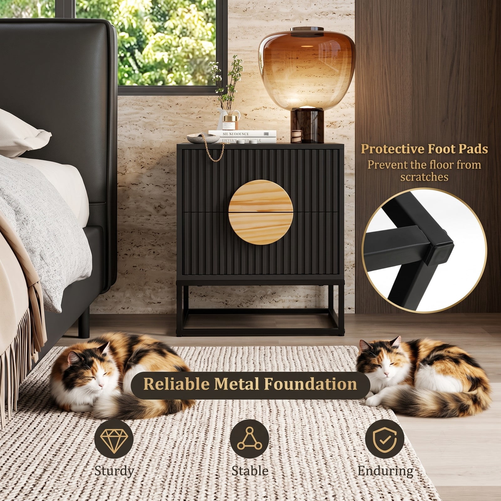 Furnibear Mid Century Fluted 2-Drawer Nightstand with Natural Pine Wood Handle and Metal Base for Bedroom, Black and Natural