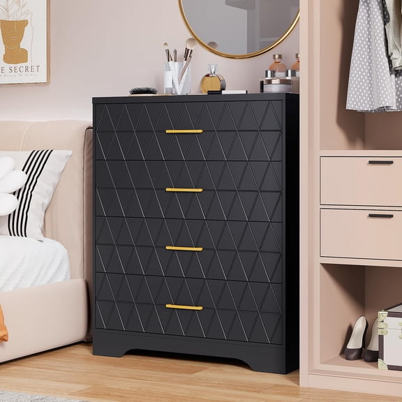 TROPOW 4 Drawer Tall Dressers for Bedroom, Wood Chest of Drawers with Gold Handles for Closet, Modern Nightstand for Bedside, Wooden Storage Organizer Cabinet for Living Room, Hallway